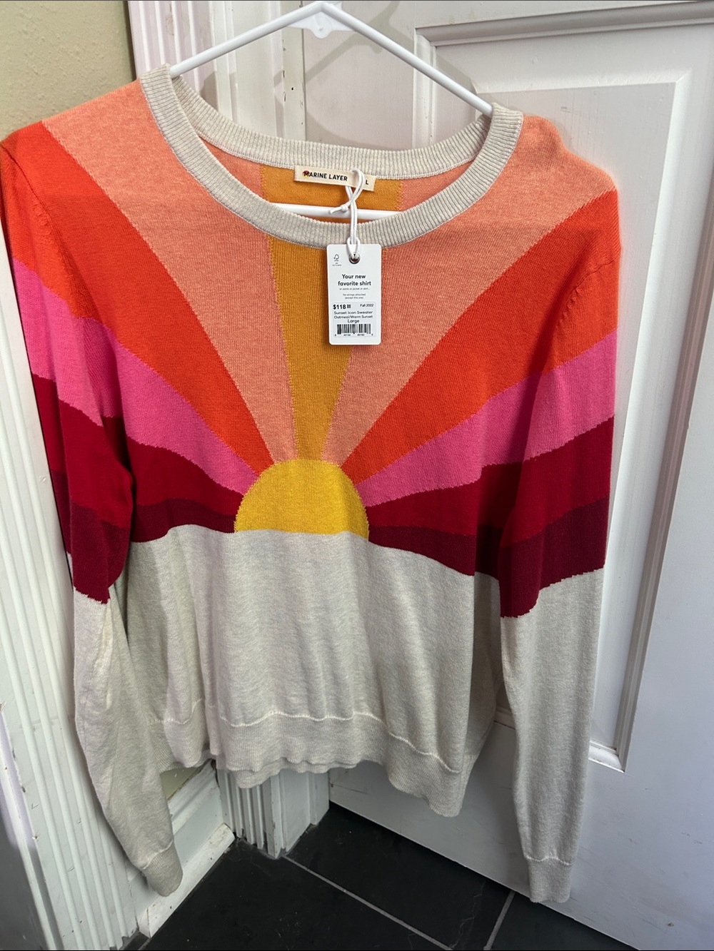 Marine Layer Cream Knit Sweater with Sunset Graphic - Yellow, Orange, Pink, Red